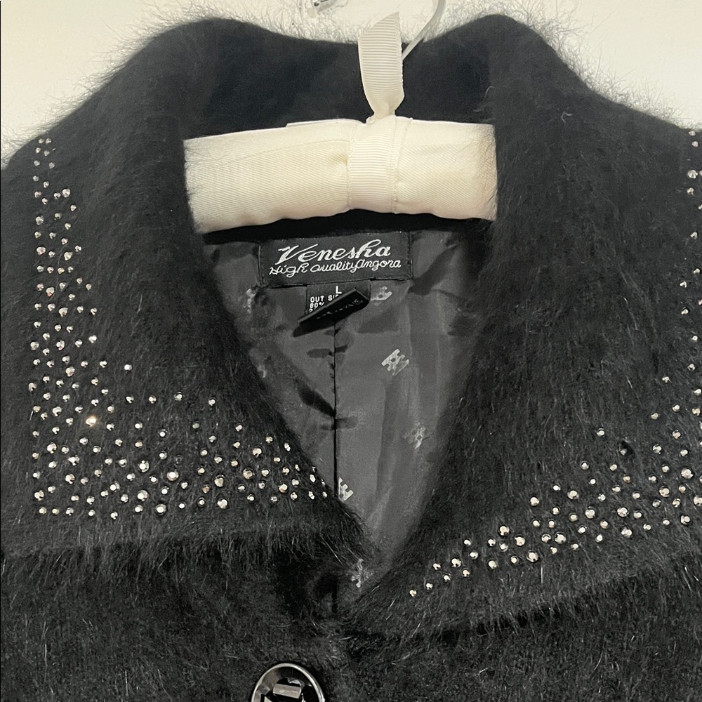 Vintage Venesha Angora Fuzzy Black Coat Rhinestones On Collar View 2